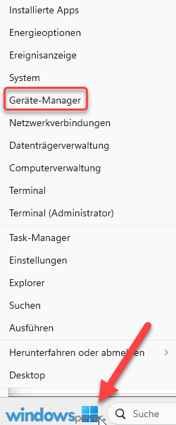 Windows Logo klicken und Geräten Manager