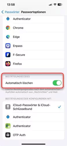 Bestaetigungscodes automatisch loeschen
