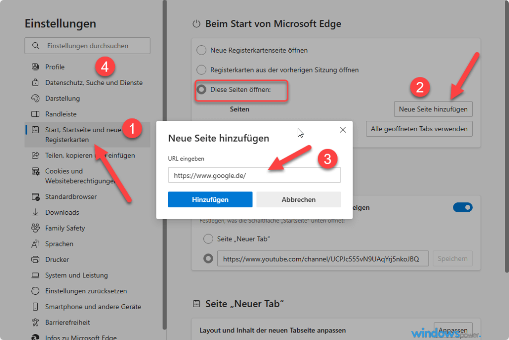Startseite bei Edge aendern und Google Suche einstellen