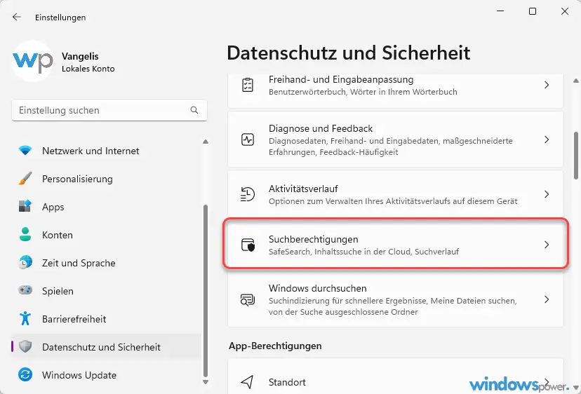 Suchberechtigungen Suchberechtigungen