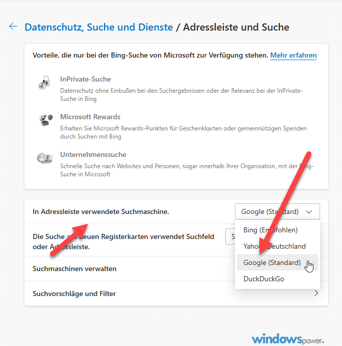 Standardsuchmaschine ändern in Microsoft Edge von Bing zu Google