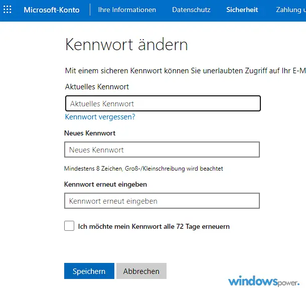 Passwort fuer Microsoft Konto aendern Passwort fuer Microsoft Konto aendern