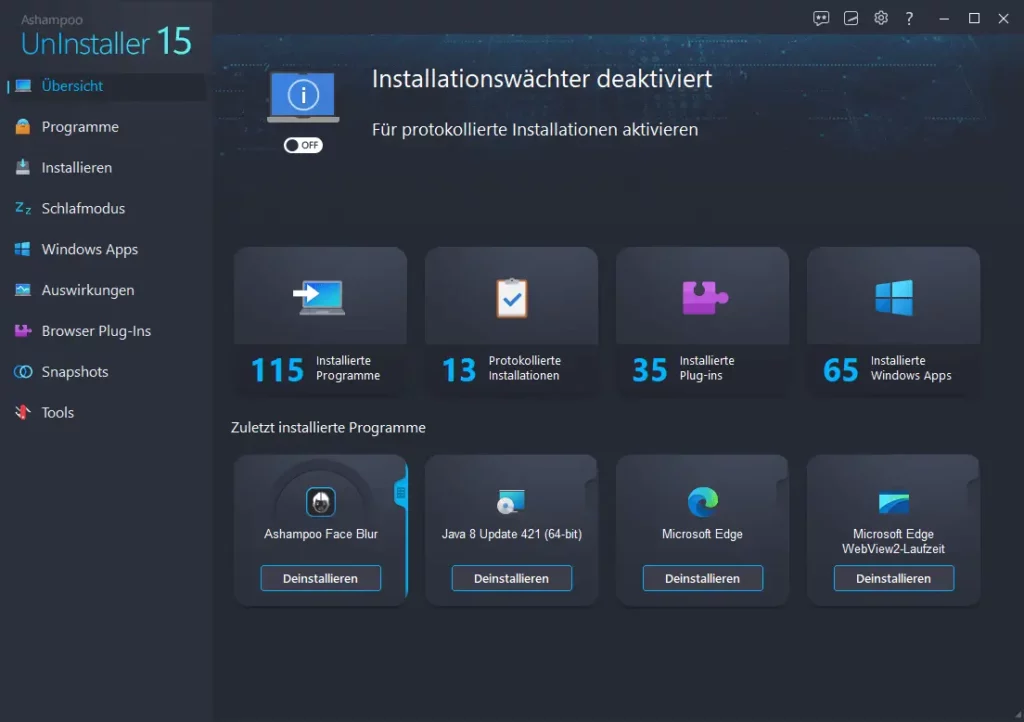 Ashampoo UnInstaller 15 Deinstallationsprogramm Ashampoo UnInstaller 15 Deinstallationsprogramm