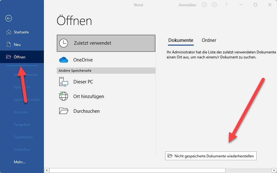 Nicht gespeicherte Dokumente wiederherstellen