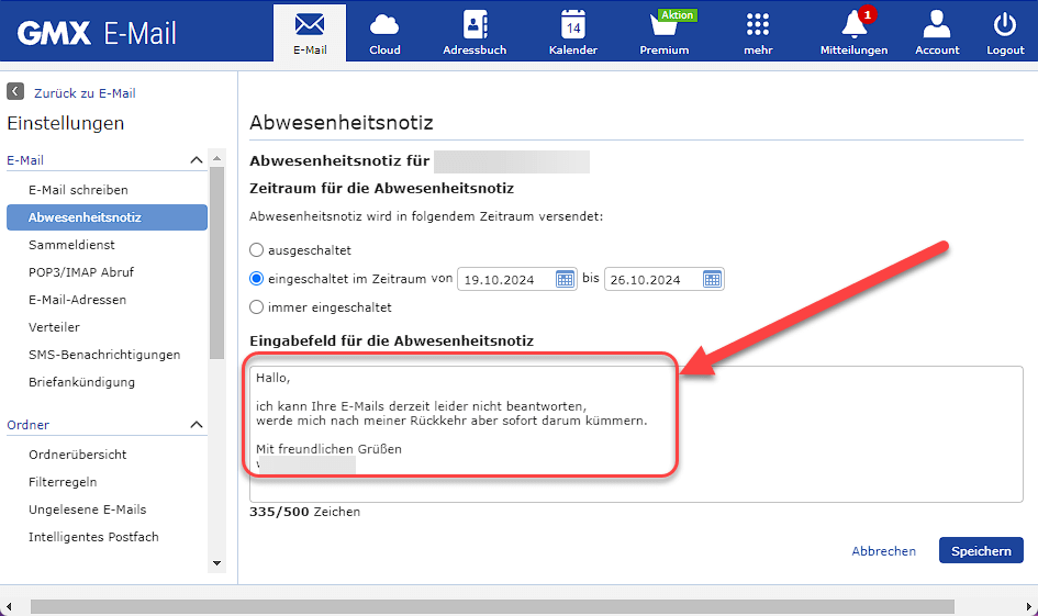GMX Abwesenheitsnotiz einrichten GMX Abwesenheitsnotiz einrichten