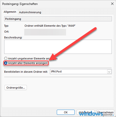Outlook Tipp Anzahl aller Elemente anzeigen