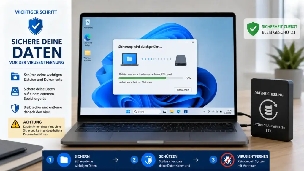 Windows 11 Backup auf externe Festplatte vor Virenentfernung Datensicherung als erster Schritt