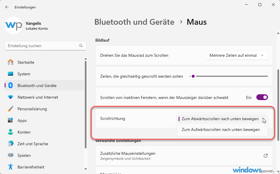 Scrollrichtung ändern bei Mausrad & Touchpad bei Windows 11