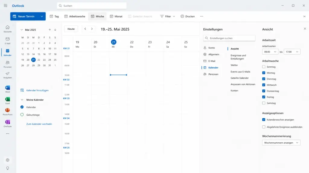 Neues Outlook Kalenderwochen anzeigen