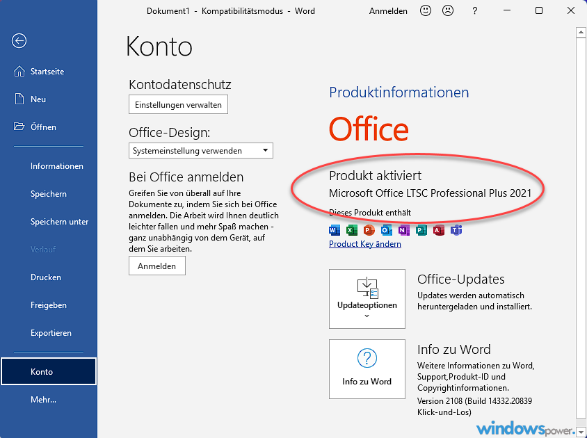 Produktinformationen office Version Microsoft