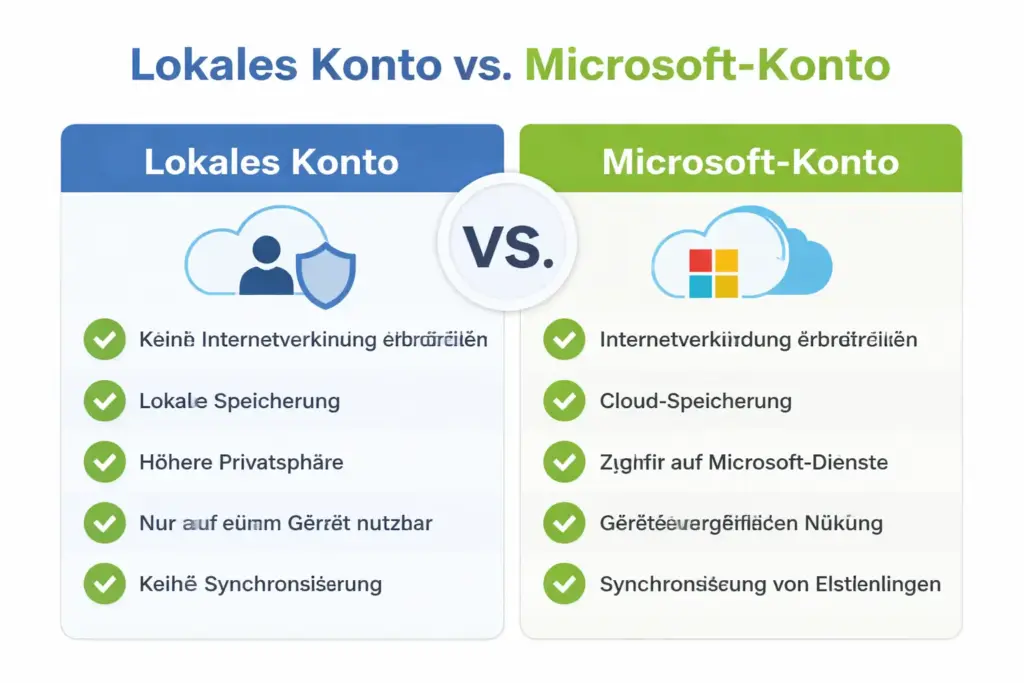 Vergleichsübersicht lokales Konto vs. Microsoft Konto als visuelle Infografik