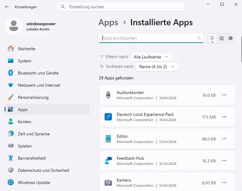 Windows 11 aufräumen: Windows 11 Einstellungen – installierte Apps Übersicht mit mehreren Programmen