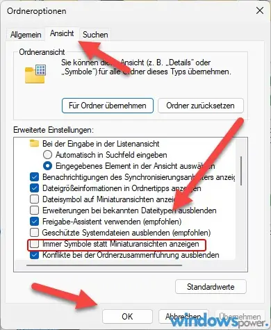 Immer Symbole statt Miniaturansichten anzeigen