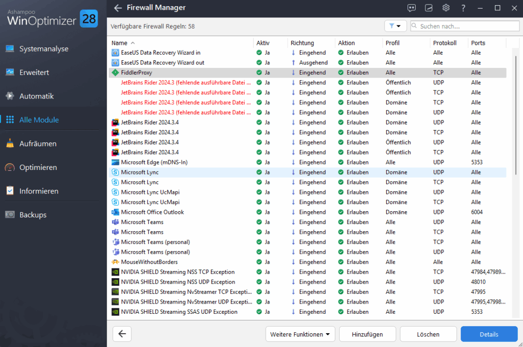 Ashampoo WinOptimizer 28 Privacy Manager Einstellungen