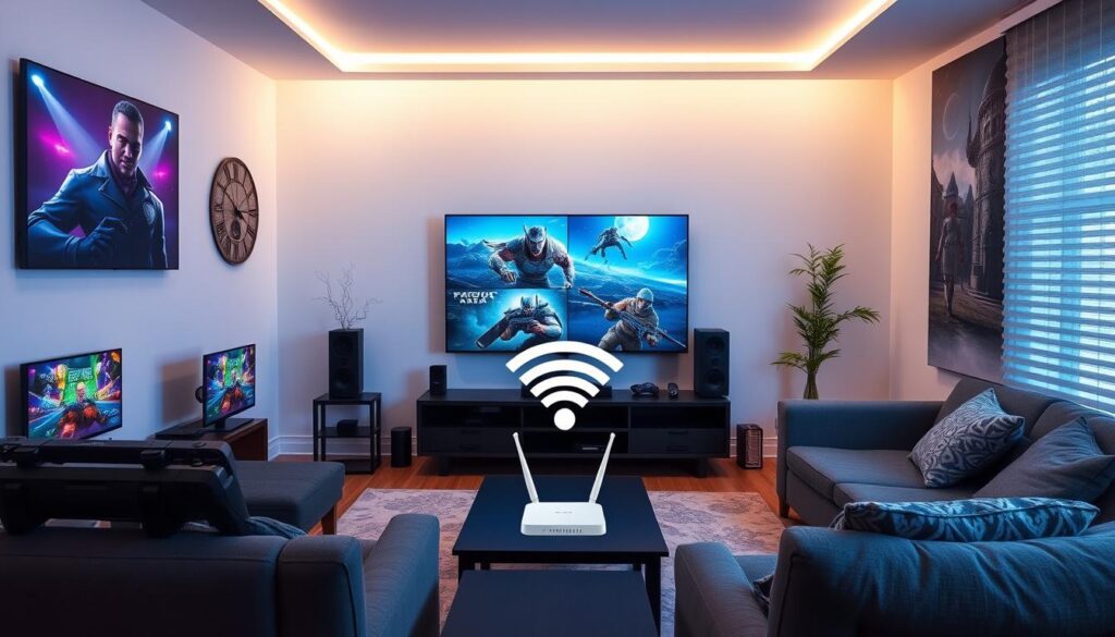 Gaming-Setup und Streaming-Geräte mit WLAN-Repeater für stabile Verbindung Gaming-Setup und Streaming-Geräte mit WLAN-Repeater für stabile Verbindung