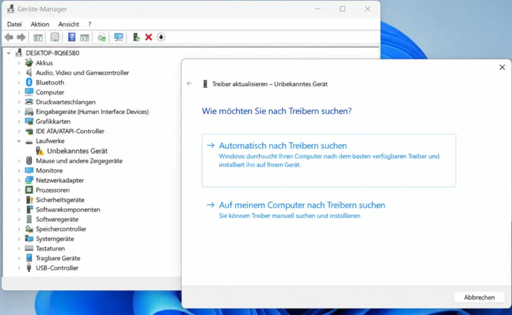 Geraetemanager Windows 11 – Laufwerk mit gelbem Ausrufezeichen und Treiber Update Dialog Gerätemanager Windows 11 – Laufwerk mit gelbem Ausrufezeichen und Treiber Update Dialog