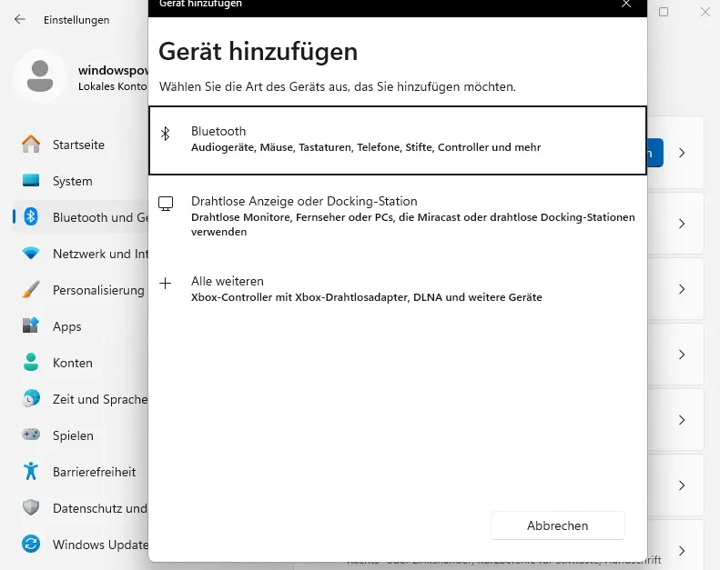Windows 11 Einstellungen, Bluetooth & Geräte Menü mit dem Button %22Gerät hinzufügen%22