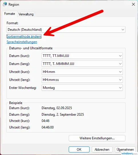 Region Sortiermethode ändern