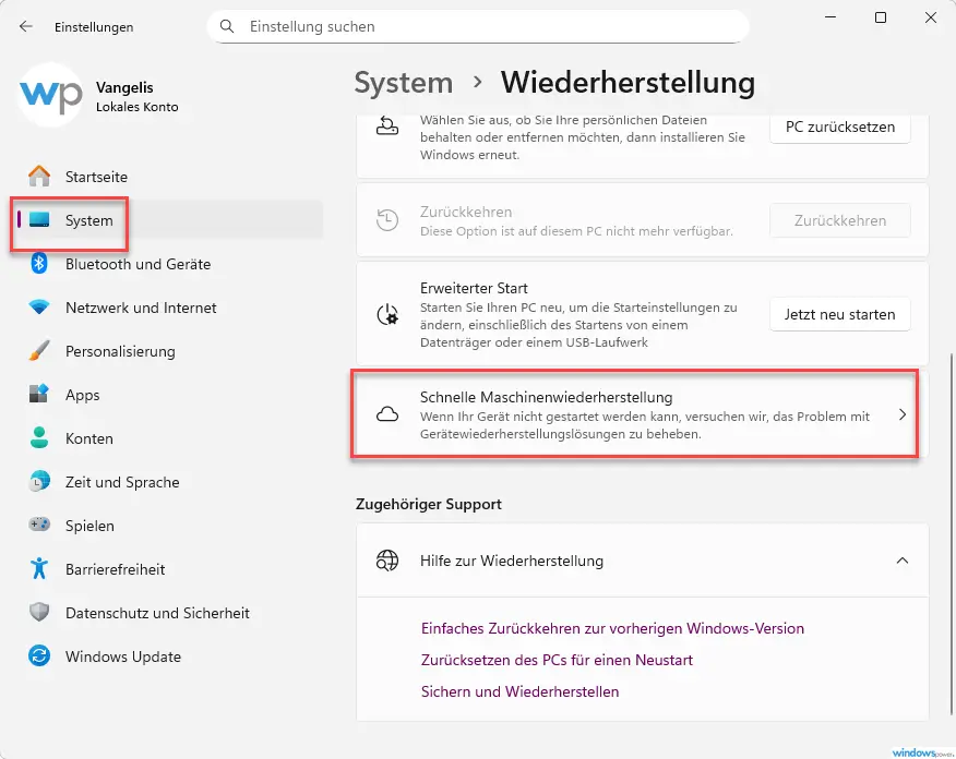 Quick Machine Recovery Schnelle Maschinenwiederherstellung