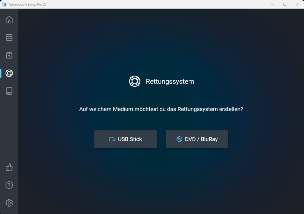 Bootfähiges Notfall Wiederherstellungssystem von Ashampoo Backup Pro 27 auf USB Stick
