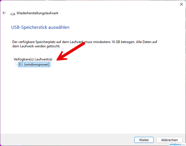 UISB Laufwerk Auswahl fuer Windows Wiederherstellungslaufwerk Erstellung mit Speicherplatz Anzeige UISB Laufwerk Auswahl für Windows Wiederherstellungslaufwerk Erstellung mit Speicherplatz Anzeige