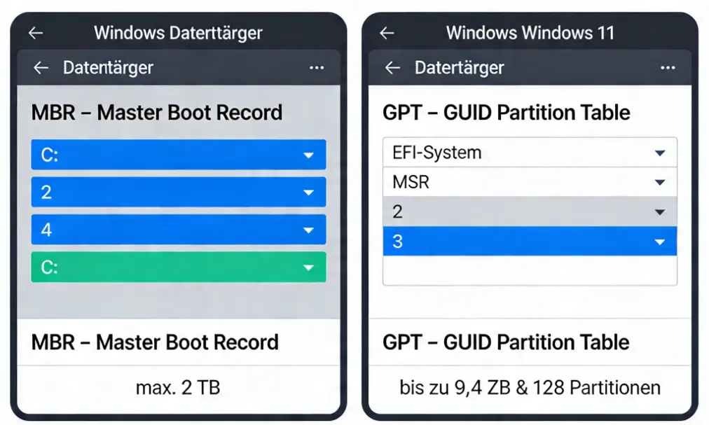 Vergleich MBR vs GPT Partitionsstil in der Windows Datenträgerverwaltung