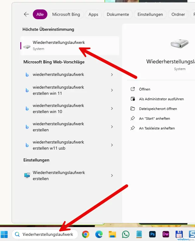 Wiederherstellungslaufwerk erstellen Windows 11 Suchfunktion zur Suche nach Wiederherstellungslaufwerk erstellen Tool