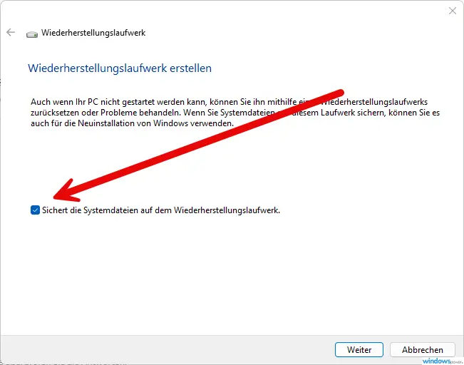 Windows Recovery Drive Tool mit Option Systemdateien auf dem Wiederherstellungslaufwerk sichern Windows Recovery Drive Tool mit Option Systemdateien auf dem Wiederherstellungslaufwerk sichern