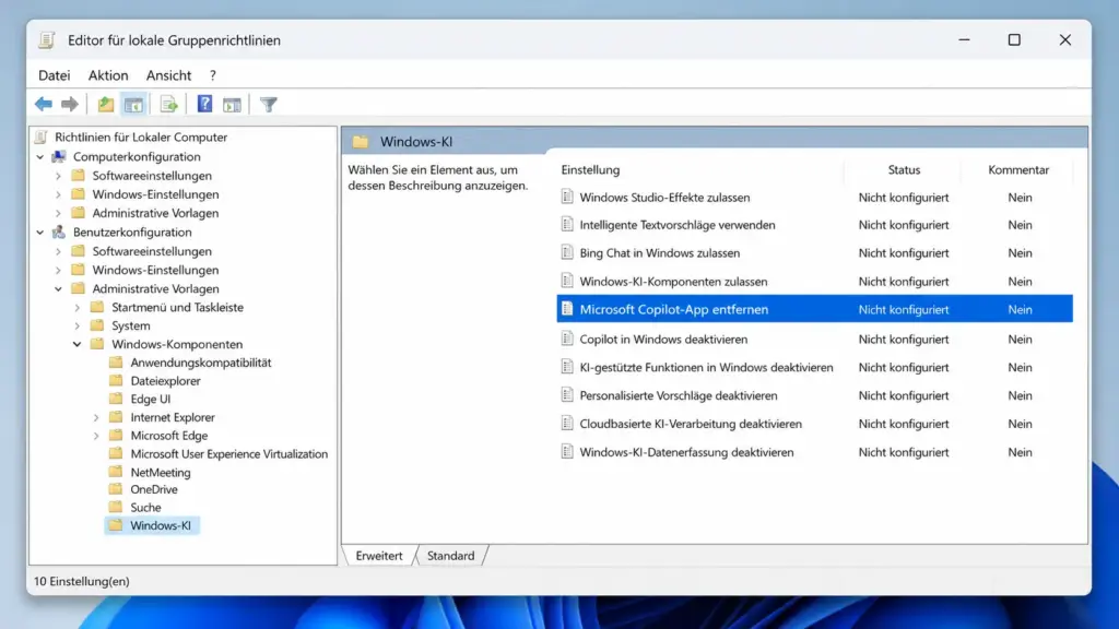 Gruppenrichtlinien Editor %E2%80%93 neue Richtlinie %E2%80%9EMicrosoft Copilot App entfernen22 unter Windows KI Komponenten Gruppenrichtlinien Editor – neue Richtlinie „Microsoft Copilot App entfernen%22 unter Windows KI Komponenten