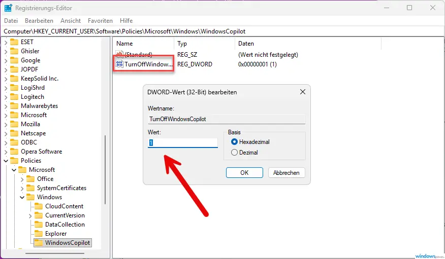 TurnOffWindowsCopilot Wert auf 1 setzen Copilot deaktivieren