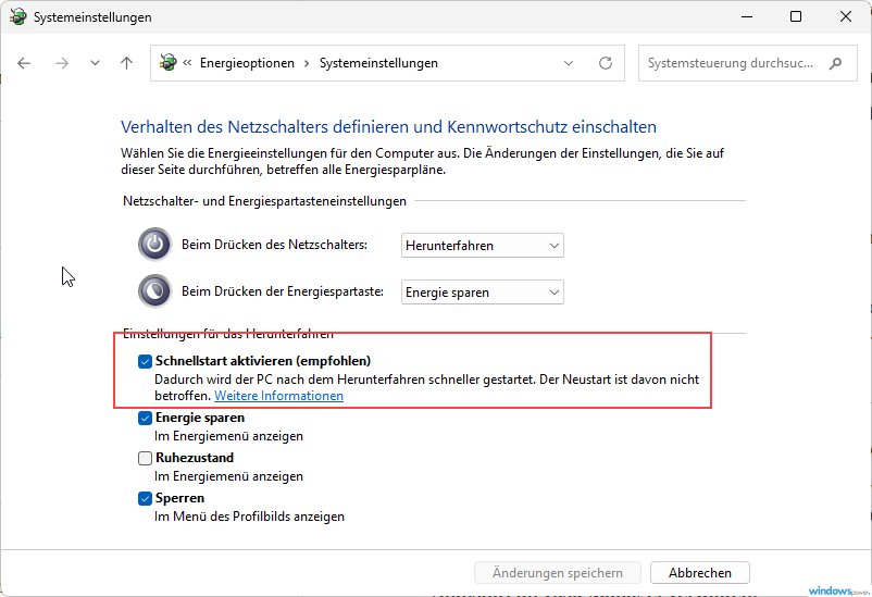 Windows 11 Schnellstart aktivieren in den Energieoptionen Windows 11 Schnellstart aktivieren in den Energieoptionen