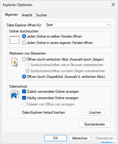 Datei Explorer Optionen Verlauf löschen