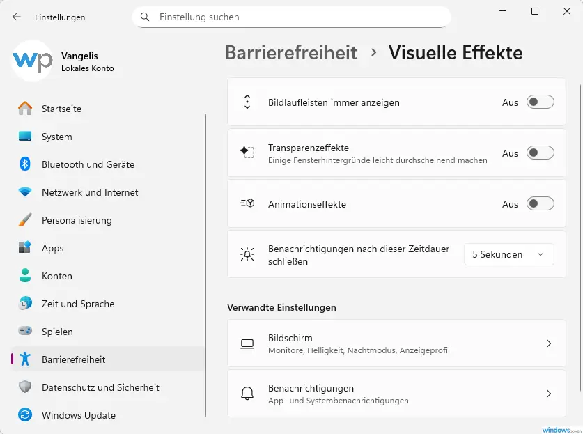 Windows 11 Transparenzeffekte ausschalten