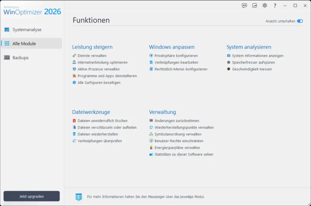 One Click Optimierung im Ashampoo WinOptimizer 2026 für schnelle PC Bereinigung