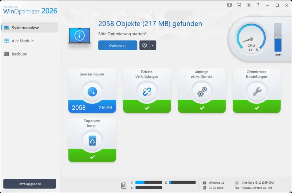WinOptimizer 2026 Startseite mit Systemanalyse und CPU Tachometer