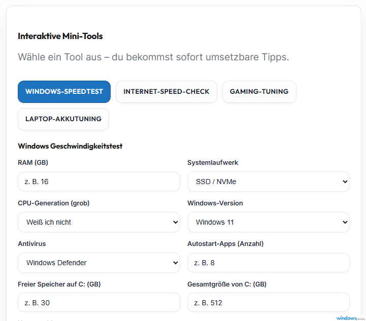 Windows Geschwindigkeitstest Ergebnis mit Performance Score