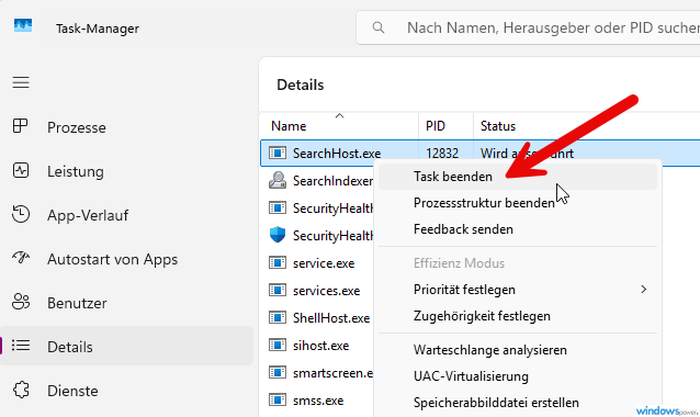 SearchHost.exe Task beenden in Windows 11