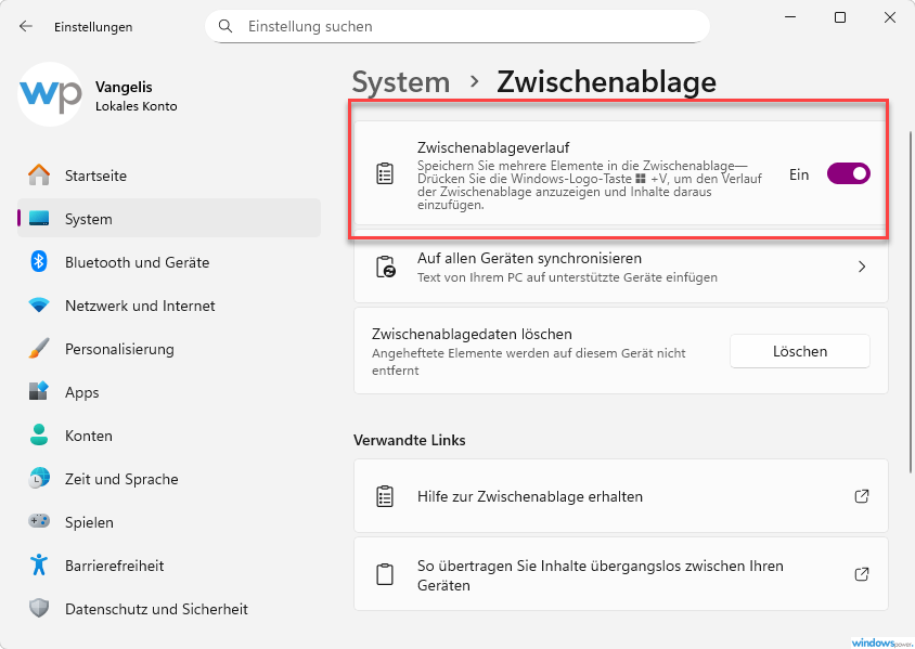 Zwischenablage Verlauf aktivieren in Windows 11