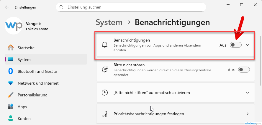 Benachrichtigungen auf Aus