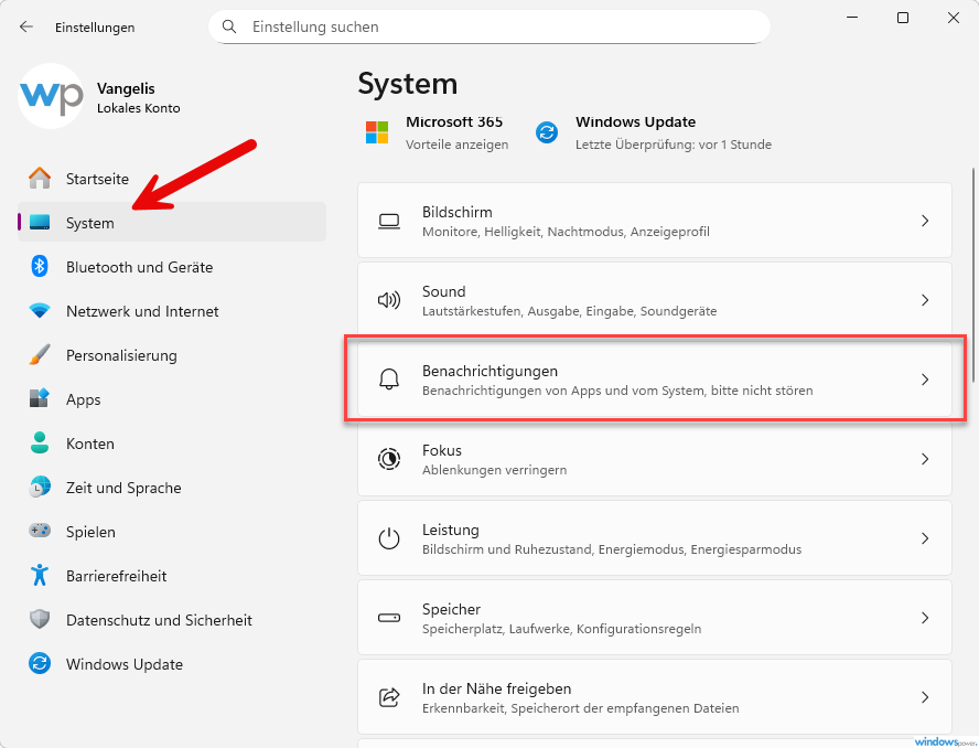 System Benachrichtigungen