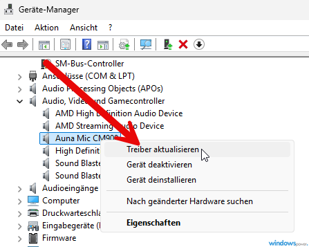 Audiotreiber aktualisieren Geräte Manager Windows 11 Mikrofon