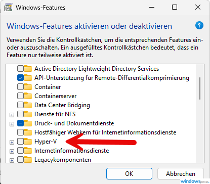 Hyper-V Windows 11 aktivieren - Hyper V in Windows 11 über Windows Features aktivieren