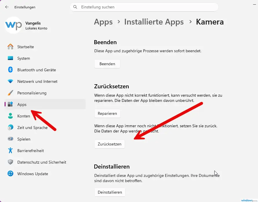 Kamera funktioniert nicht Windows 11 Kamera App zurücksetzen
