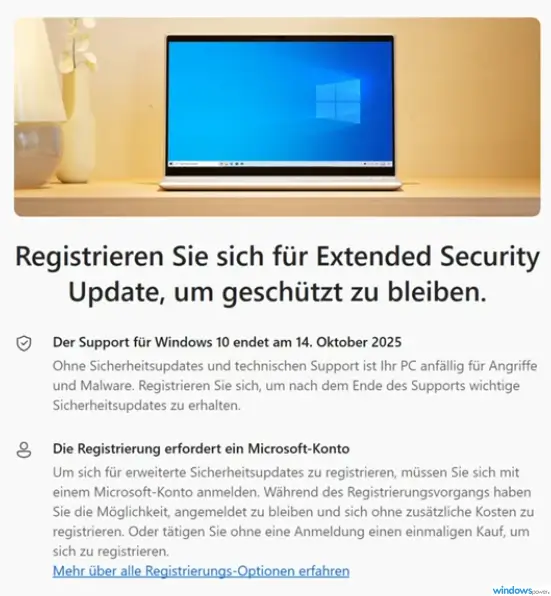 Windows 10 ESU 2026 kostenlos Microsoft ESU Registrierungsseite mit der Option Kostenlos registrieren
