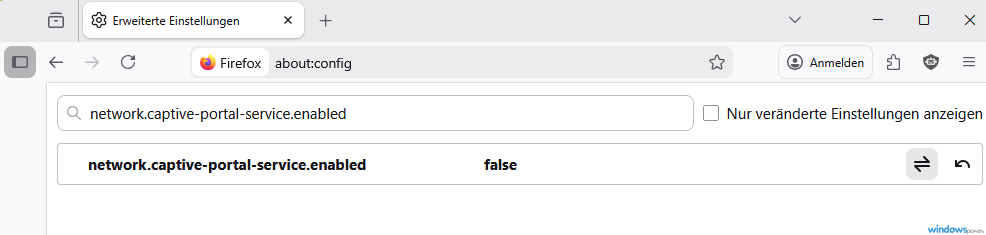 Firefox about config Einstellung network.captive portal service.enabled auf false setzen