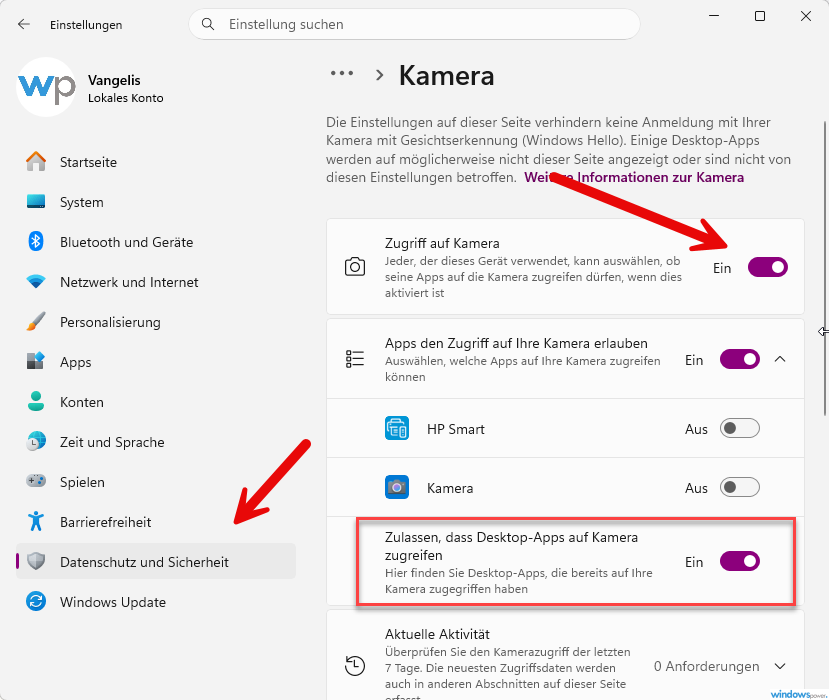 Kamera funktioniert nicht Windows 11 Datenschutzeinstellungen