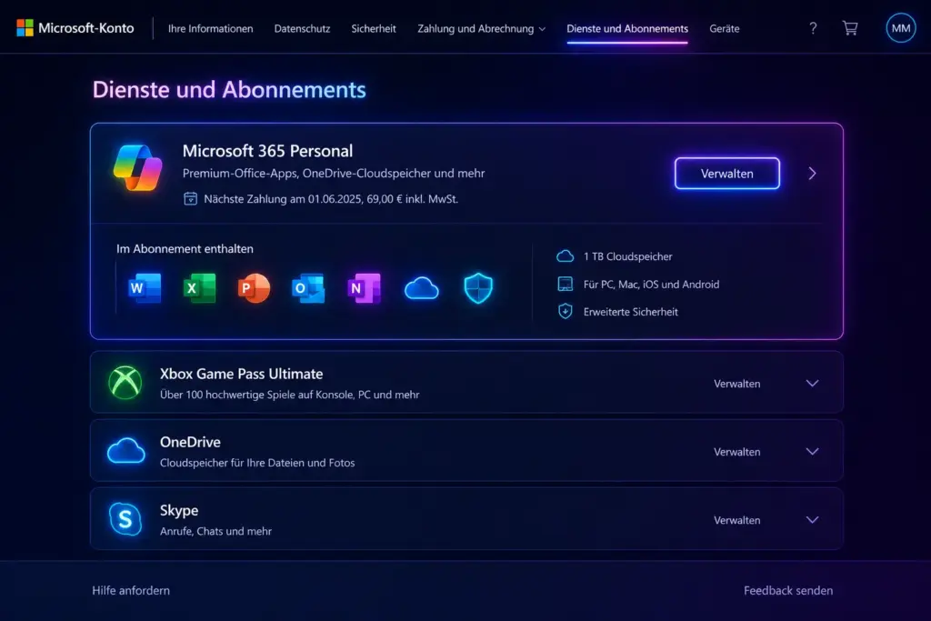 Microsoft Konto Diensteseite mit dem Button „Verwalten%22 unter dem Microsoft 365 Personal Abo