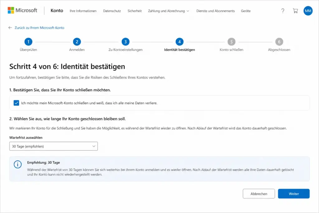 Microsoft Konto schließen – Schritt 4 Häkchen setzen und Wartefrist wählen