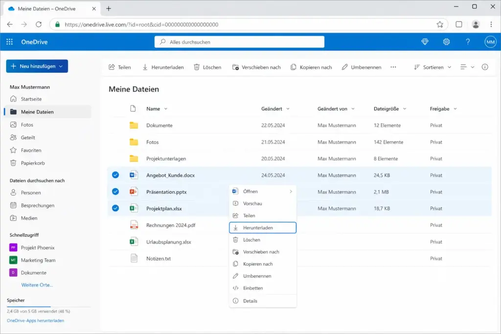 OneDrive Browsers unter onedrive.live.com mit markierten Dateien und der Download Option im Rechtsklick Menü