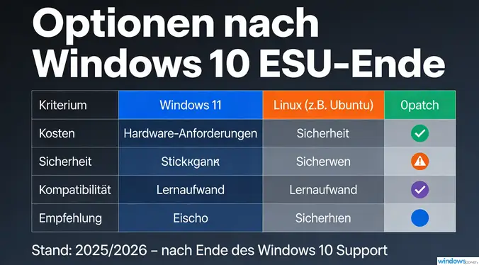 Vergleichstabelle der Optionen nach ESU Ende Windows 11 Linux 0patch